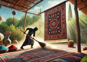 Nettoyage d'un tapis traditionnel en extérieur.