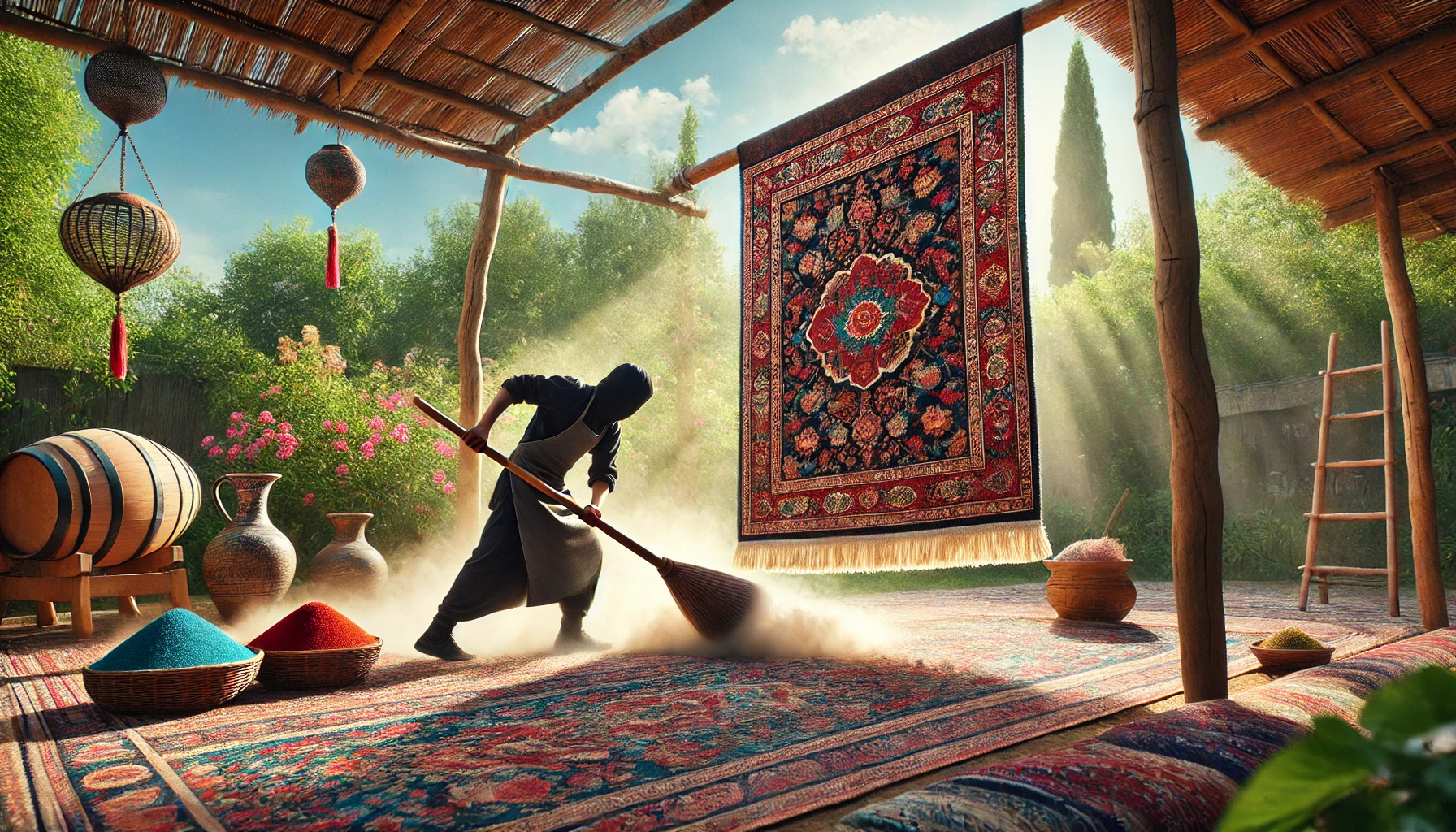 Nettoyage d'un tapis traditionnel en extérieur.